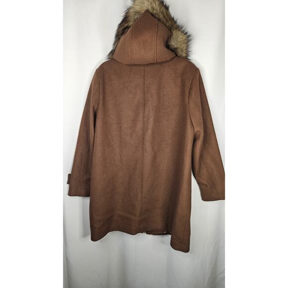 Nine West Hooded Faux Fur Trim Wool Blend Peacoat Size XL Brown Long Jacket - Picture 5 of 9